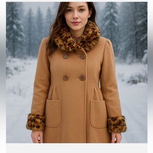 Jou Jou Camel Pea Coat with Leopard Faux Fur Accents